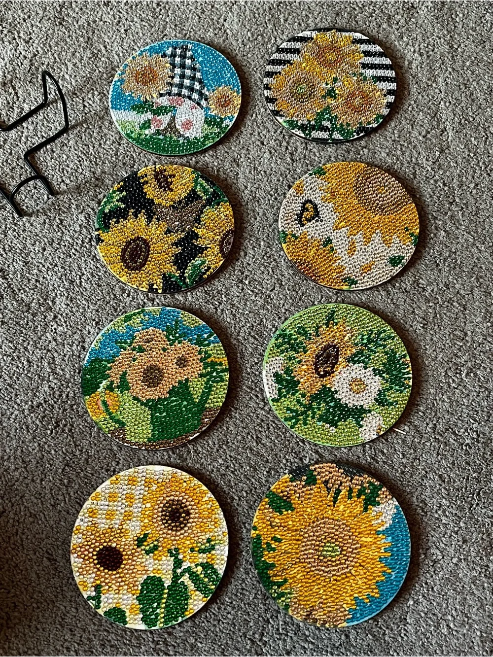 Lot of 8 Diamond Painting Sunflower Coasters w/ Rack
